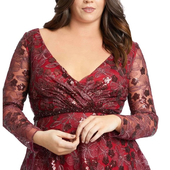 MAC DUGGAL Embellished Illusion Long Sleeve Fit & Flare Dress. - Picture 4 of 16